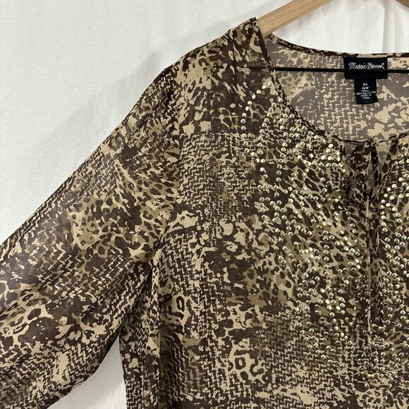 Maggie Barnes Brown Cream Animal Print Sheer Studded Top Size 0X 16W Boho - Picture 6 of 13